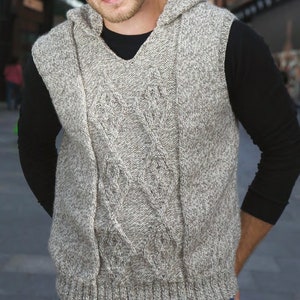 Men's Hoodie Vest Pattern | Aran Knitting Pattern | Hooded Cable Knit Sweater Instant Download