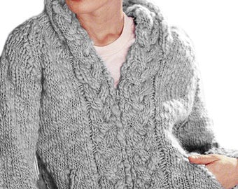 Women's Hoodie Knitting Pattern Chunky Yarn | Cable Knit Hooded Cardigan Zip Up S-2X Pattern PDF Download
