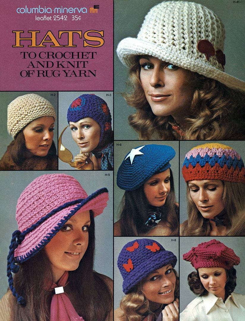 1970 年代の見事な女性用かぎ針編み帽子パターン 9 点。PDF ですぐに