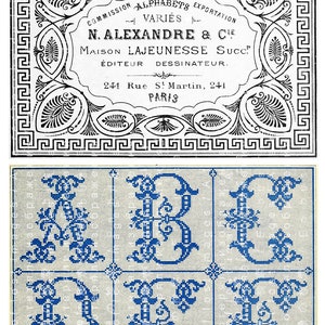 May include: A vintage cross-stitch pattern for the letters A, B, C, D, and E. The letters are in a blue color and are surrounded by a white background. The pattern is from N. Alexandre & Cie, Maison Lajeunesse Succ, Editeur Dessinateur, 241 Rue St Martin, 241 Paris.