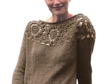 Gorgeous Women's Sweater | Knitting Pattern With Crochet Lace Yoke |  Spring Top Vintage Pattern Instant PDF Download