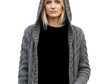 Women's Hooded Coat, Jacket Pattern Cable Knit | Aran Yarn Hoodie XS-XL, Gorgeous Casual Winter Knitting Pattern PDF Download