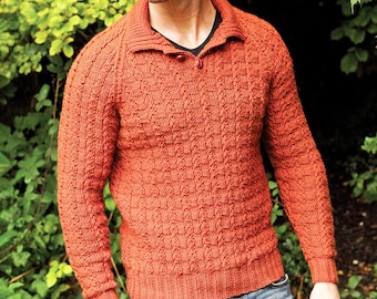 PDF Nähanleitung Herren Pullover Poloshirt-Stil | Einfache Strickanleitung Aran Garn | DIY Geschenke für Ihn | Sofort Download