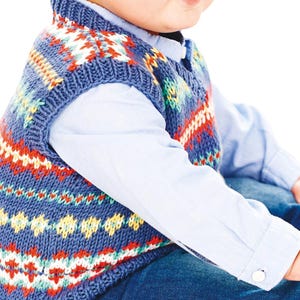 May include: A blue knitted vest with a colorful geometric pattern. The vest has a V-neck and is sleeveless.
