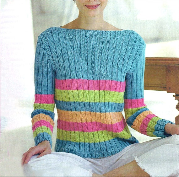 Colorful Ribbed Sweater Easy Knitting Pattern Ply Yarn Women's
