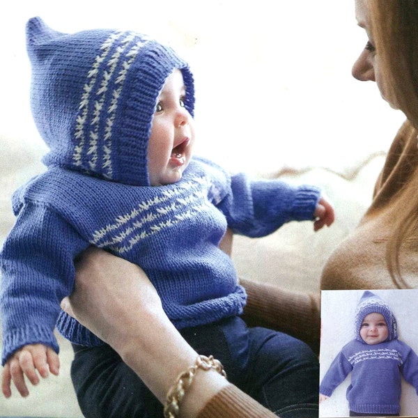 PDF Pattern Baby, Toddler Hooded Sweater | Vintage Knitting Pattern Pixie Hood Pullover | Instant Download