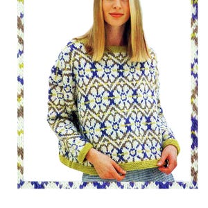 May include: A patterned sweater with a crew neck and long sleeves. The sweater features a repeating geometric design in white, blue, brown, and yellow. The cuffs and hem are trimmed with a green-yellow color.