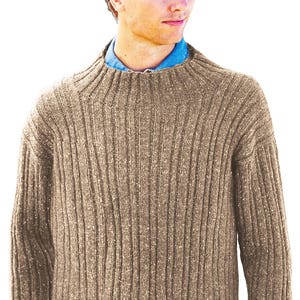 May include: A ribbed knit sweater in a neutral brown color. The sweater has a high, round neckline and a textured appearance. The sleeves are long, and the overall style is casual and warm. The sweater is worn over a blue collared shirt.