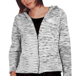 May include: A grey and white knitted hooded zip-up sweater. The sweater features a full-length zip, two front pockets, and a hood. The garment is made from a soft, textured material.