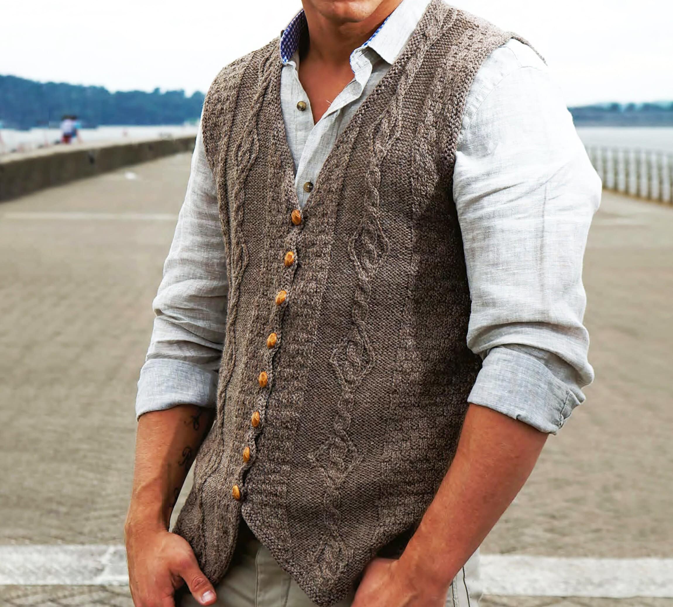 Men's Waistcoat Pattern | Men's Aran Knitting Patterns | Classic DK Cable Knit Cardigans Instant Download