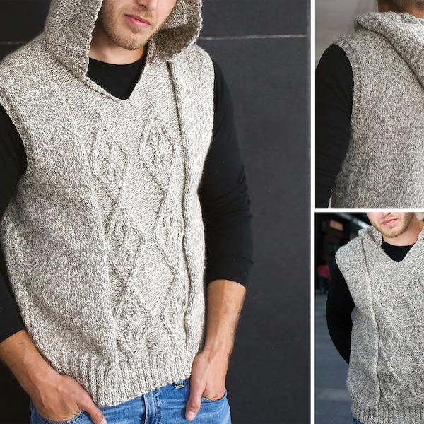 Men's Hoodie Vest Pattern | Aran Knitting Pattern | Hooded Cable Knit Sweater Instant Download