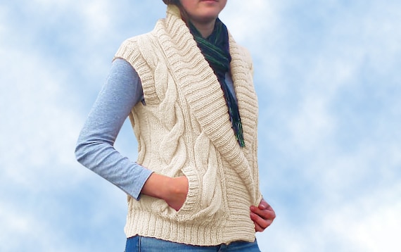 Gilet Aran à col châle pour femme, veste Gilet en tricot torsadé