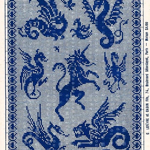 May include: A blue and white cross-stitch pattern featuring five different mythical creatures. The creatures are a unicorn, a dragon, a griffin, a seahorse, and a phoenix. The pattern is from G. Lefevre et Cabin Fils, 74, Boulevard Sebastopol, Paris - Maison Sajou.