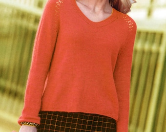 Simple Easy Raglan Sweater Knitting Pattern V Neck | Elegant Women's Top Lacy Detail | Instant PDF Download