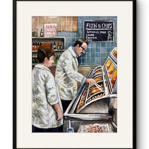 May include: A framed painting depicting two individuals in white coats working behind a counter in a fish and chips shop. A chalkboard menu on the blue tiled wall reads FISH & CHIPS, with various food items and prices listed below the main title.