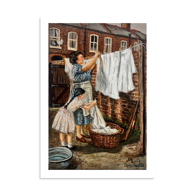 British Nostalgia Art Print, Wash Day Painting, Mum and Daughter Laundry Scene, 1950s 1960s Working Class UK Wall Art, Vintage Home Decor