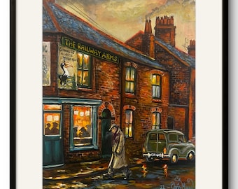 British Pub Wall Art Print, Vintage English Pub Poster, Old Boozer, Rainy Street Scene, Nostalgic UK Pub Decor, Railway Arms