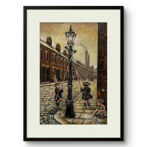 Poster Vintage British Street Games Poster, 1960s England Alleyway Print, Nostalgic UK Wall Art, Children Playing Painting