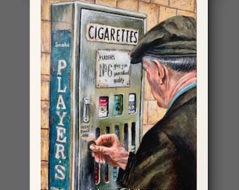 May include: A framed painting depicts a vintage cigarette vending machine with the text "CIGARETTES" and "PLAYERS No. 6". A man in a cap inserts a coin. The painting is displayed on a wooden frame.