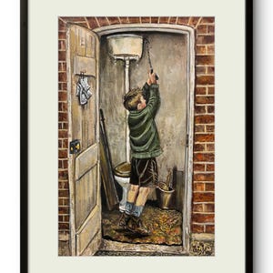 May include: A framed painting depicting a child in a green sweater and dark shorts standing in a brick-walled room, reaching up to pull the chain of a high-mounted toilet cistern. The scene includes a wooden door, a toilet brush, and a signature.