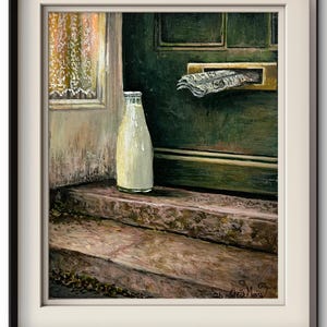 May include: An oil painting depicting a glass milk bottle sitting on stone steps in front of a dark green door. A newspaper is protruding from the brass mail slot in the door. The artist signature Chris May is visible in the bottom right corner.