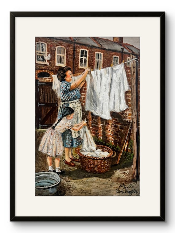 British Nostalgia Art Print, Wash Day Painting, Mum and Daughter Laundry Scene, 1950s 1960s Working Class UK Wall Art, Vintage Home Decor
