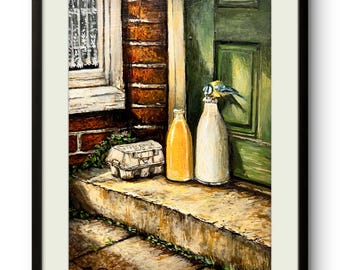 Könnte beinhalten: Ein Ölgemälde in einem schwarzen Rahmen zeigt eine Türschwelle mit einem Eierkarton, einer Flasche Orangensaft und einer Milchflasche. Ein kleiner blau-gelber Vogel sitzt auf der Milchflasche vor einer Backsteinmauer und einer grünen Tür.