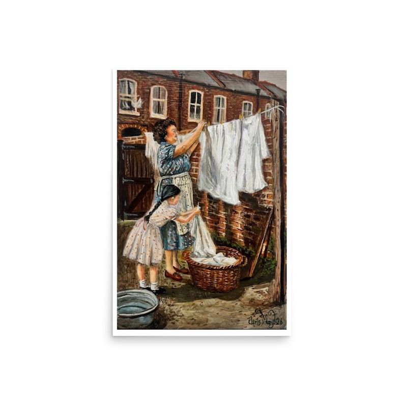British Nostalgia Art Print, Wash Day Painting, Mum and Daughter Laundry Scene, 1950s 1960s Working Class UK Wall Art, Vintage Home Decor