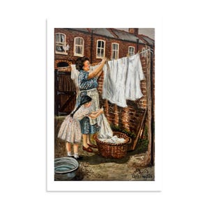 British Nostalgia Art Print, Wash Day Painting, Mum and Daughter Laundry Scene, 1950s 1960s Working Class UK Wall Art, Vintage Home Decor