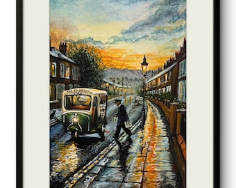 Milkman Art Print, Vintage British Milk Float, Rainy Street Painting, 1960s UK Nostalgia, Working Class Wall Art, Retro Britain