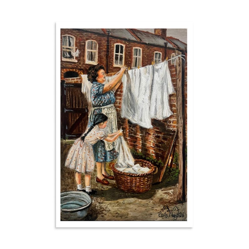 British Nostalgia Art Print, Wash Day Painting, Mum and Daughter Laundry Scene, 1950s 1960s Working Class UK Wall Art, Vintage Home Decor