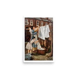 British Nostalgia Art Print, Wash Day Painting, Mum and Daughter Laundry Scene, 1950s 1960s Working Class UK Wall Art, Vintage Home Decor
