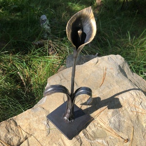 May include: A black metal sculpture of a calla lily flower with a gold-colored bloom. The sculpture is on a square black metal base.