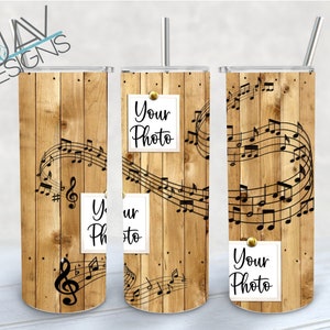 Musical Notes Wood 3 Photo Tumbler Wrap | 20 & 30 Ounce Full Wrap | SEAMLESS | 300 DPI