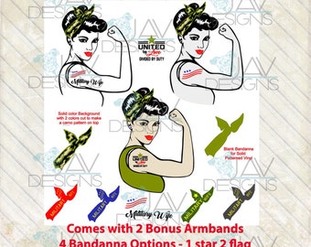 Military Wife Rosie the Riveter SVG ©Modern Faith 4 Bandana Options - 2 Bonus Armbands Cricut Svg- Silhouette Studio - Png cut file