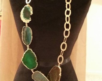 Green and Gold Agate Druzy Necklace with Gold-plated Chain (one-of-a-kind piece)