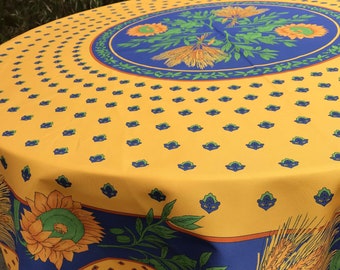 French Provence 70 inch round polyester tablecloth (blue and yellow with sunflowers )