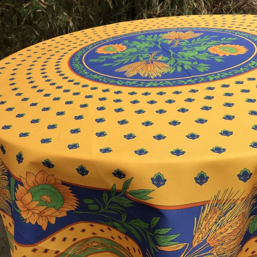 Nappe ronde en polyester Provence française de 70 pouces (bleue et jaune avec des tournesols)