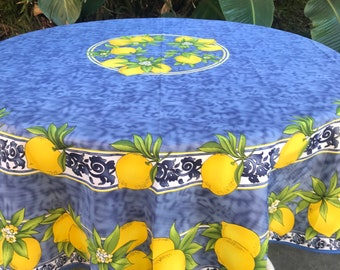 French Provence 70 inch round polyester tablecloth (blue and yellow with lemons )