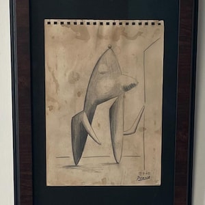Dibujo original de Pablo Picasso enmarcado "Sin título", carboncillo sobre cartón certificado, 1967, certificado de autenticidad (2). 24 cm de ancho x 33 cm de alto, marco de 35 cm x 50 cm.