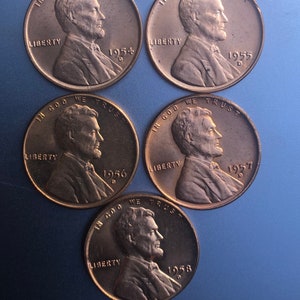 1954D, 1955D, 1956D, 1957D and 1958D Lincoln Wheat Cent: Lot of 5, Not Graded in MS Condition, all Shiny, Bright Red.