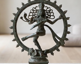 Shiva Nataraja Statue 13.8", Dark Antique Brass, Cosmic Dancing Pose, Studio Tabletop Decor
