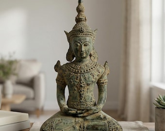 Thai Teppanom Statue 11.4", Antique Green Bronze, Seated Guardian Figure, Traditional Asian Meditation Decor