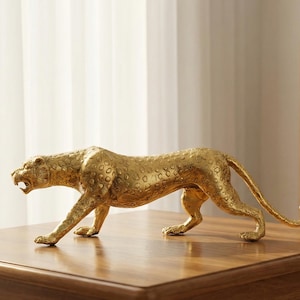 Estátua grande de leopardo em bronze: escultura de animal indonésia (45 cm), presente para o verão.