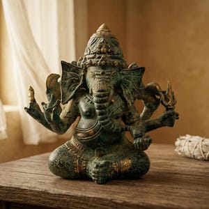 Op de afbeelding: Een bronzen beeld van de hindoeïstische god Ganesha, zittend met meerdere armen, een olifantenkop en een sierlijke hoofdtooi. Het beeld staat op een houten tafel, met een brandende kaars en een saliebundel in de buurt. De achtergrond is een raam met gordijnen.