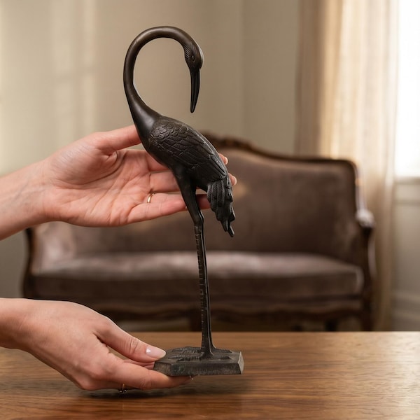 Bronze Crane Statue, Lost Wax Cast Bird Sculpture, Minimalist Home Decor, Garden Accent