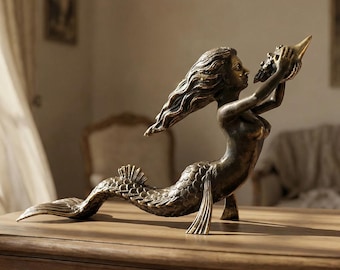 Estatua de sirena de latón, gancho de pared, escultura de diosa del mar, 33 cm, regalo de verano