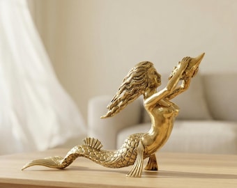 Estatua de sirena de latón hecha a mano, escultura de diosa del mar, decoración para el hogar (33 cm), regalo de verano