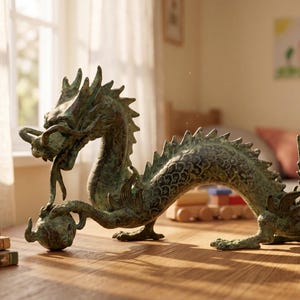 May include: A bronze-colored dragon sculpture with intricate details, posed on a wooden surface. The dragon is next to a stack of books and wooden blocks. A plush green dragon toy is also visible.