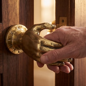 Könnte beinhalten: Messingfarbener Türgriff in Form einer Hand, montiert an einer dunklen Holztür. Der handförmige Griff wird von einer Person gehalten. Die Tür ist teilweise geöffnet und gibt einen Blick ins Innere frei.